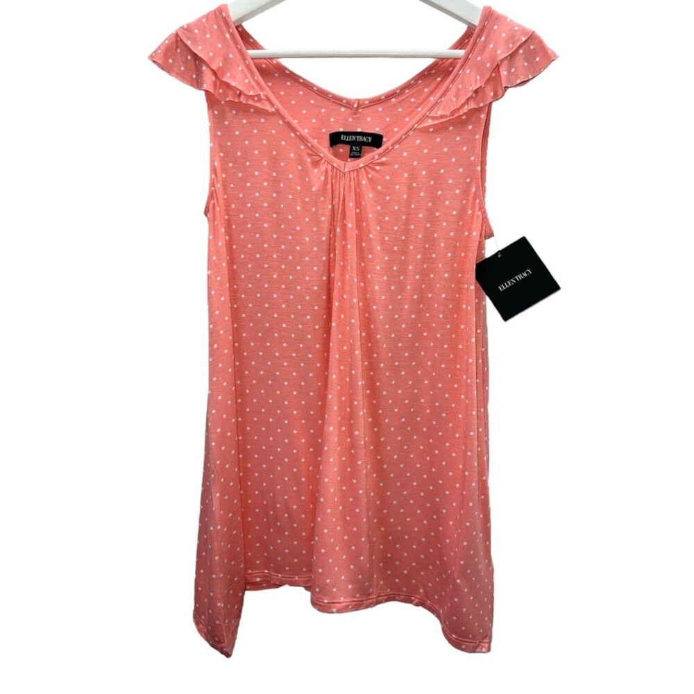 Ellen Tracy Sleeveless Lounge Shirt V-Neck Coral Polka Dot Women's X-Small